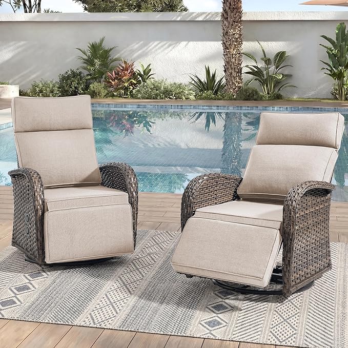 Zero Gravity Patio Swivel Rocking Recliner Chairs Set of 2 - Wicker Outdoor Lounge Chair with Adjustable Backrest & Footrest, All Weather Reclining Rocker Chairs with Thick Cushion for Pool Deck Beige