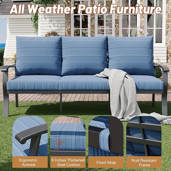 HOMREST Outdoor Couch Aluminum Patio Furniture Sofa, 3-Seat All-Weather Metal Outdoor Patio Furniture with Cushions, Blue