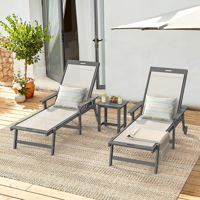 LUE BONA Chaise Lounge Chair Outdoor Set of 2, HDPS and HDPE Wicker Chaise Lounger with 5 Positions, Pool Lounge Chairs with Wheels and Adjustable Backrest for Patio, Poolside, Deck, Backyard