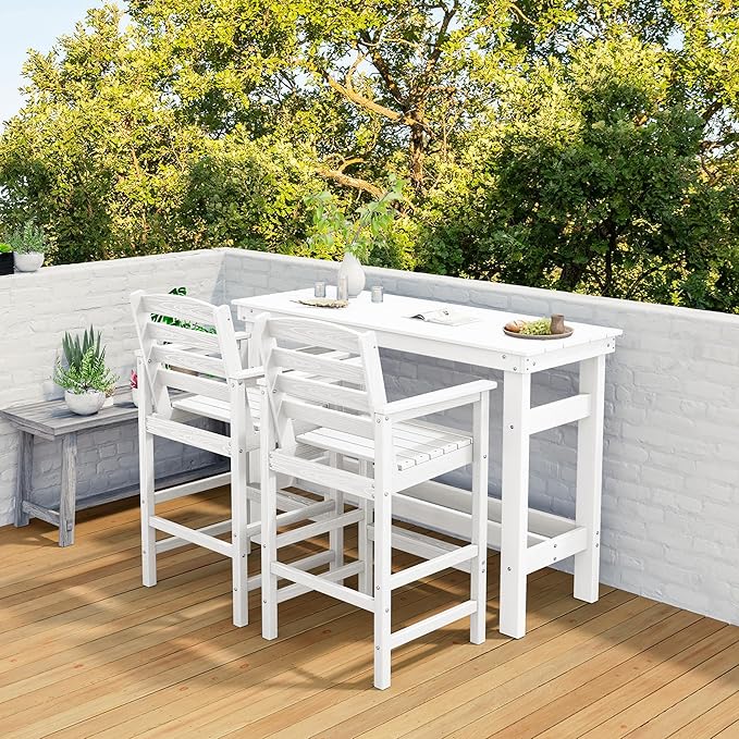 SERWALL 41" Outdoor Bar Table with 1.6" Umbrella Hole, HDPE Patio Bar Counter Height Table, All-Weather Rectangle Bar Table for Backyard, Garden, Poolside, Balcony - White