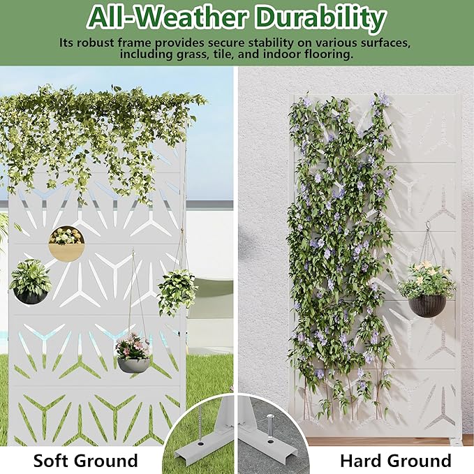 Casaphoria Metal Privacy Screen Outdoor, 60" H x 30" W Freestanding Decorative Privacy Screen for Patio Deck Balcony Garden with Stable Base, White-Star