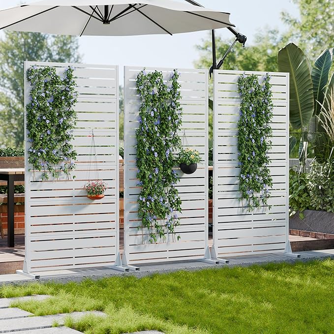 Casaphoria Metal Privacy Screen Outdoor, 72" H x 35" W Freestanding Decorative Privacy Screen for Patio Deck Balcony Garden with Stable Base, White-Benjamin