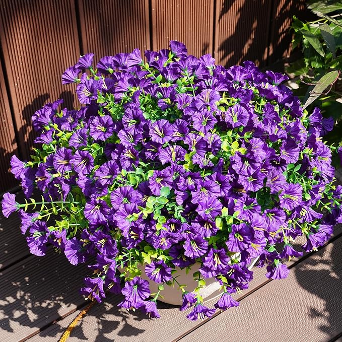 Artificial Flowers for Outdoors, UV Resistant Fake Silk Morning Glory, Realistic Faux Plants for Outside Porch Patio Window Box Hanging Planter (16, Purple)