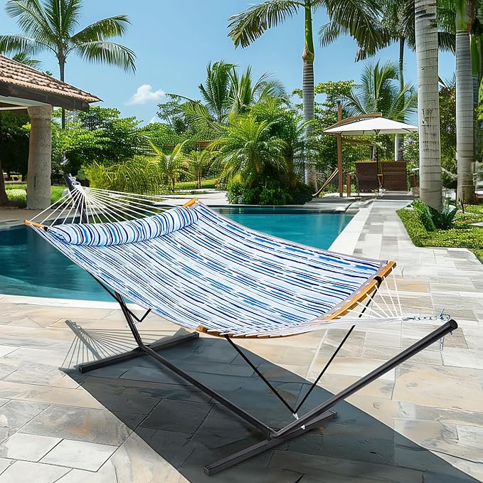 SUPERJARE Hammock with Stand, 2 Person Heavy Duty Hammock Frame, Detachable Pillow & Strong Curved-Bar & Portable Carrying Bag, Perfect for Outdoor & Indoor - Graffiti Blue
