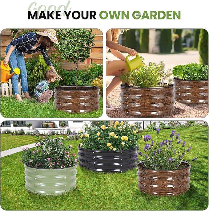 G GOOD GAIN Round Raised Garden Bed - 3Pcs 2x2x1ft Galvanized Steel Planter Boxes Outdoor with Rubber Edge Trim | Metal Raised Beds for Gardening Vegetables Flowers Fruits Herbs (Wood Grain)