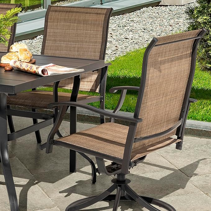NUU GARDEN 7 Pieces Outdoor Dining Sets, Textilene Swivel Patio Table and Chairs All-Weather Outdoor Furniture Set for Lawn, Backyard, Balcony, Black and Brown