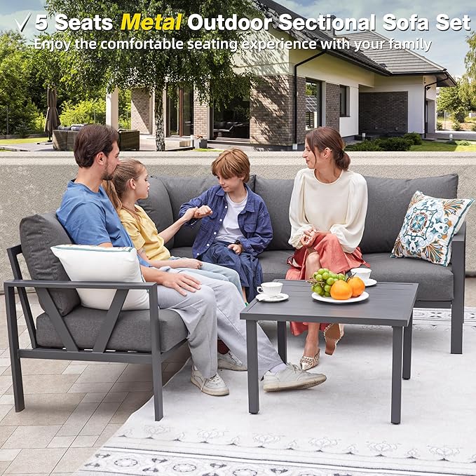Patio Furniture Set, 6 Pieces Outdoor Couch Sectional, L Shaped Patio Sofa, Metal Patio Couch Sectional with Side Table, Outdoor Seating Conversation Set, Grey