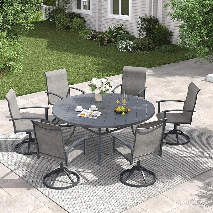 VICLLAX 50" Outdoor Round Patio Table with Umbrella Hole, All Weather Metal Round Outdoor Dining Table for Lawn Garden, 6-8 Person Table, Grey