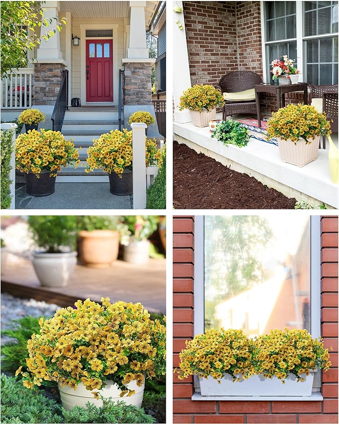 JAKY-Global Artificial Flowers for Outdoors Faux Outside Plants Spring Summer Decorations 16 Bundles UV Resistant Silk Daisy Fake Eucalyptus Realistic Yard Porch Patio Window Planter Box Decor-Yellow