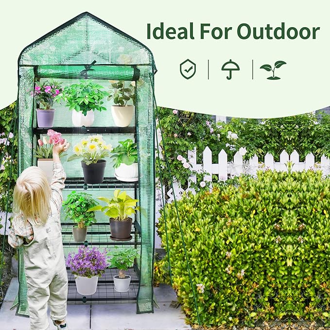 4 Tier Mini Greenhouse for Outdoor Indoor, Double-Layer Roof, Heavy Duty Small Greenhouses with PE Cover, Portable Green Houses for Outside Winter Plant Protection, 64'' H x 27'' L x 20'' W
