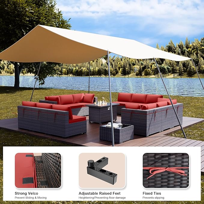 Kullavik 15 Pieces Outdoor Patio Furniture Set with 43" 55000BTU Gas Propane Fire Pit Table PE Wicker Rattan Sectional Sofa Patio Conversation Sets,Red