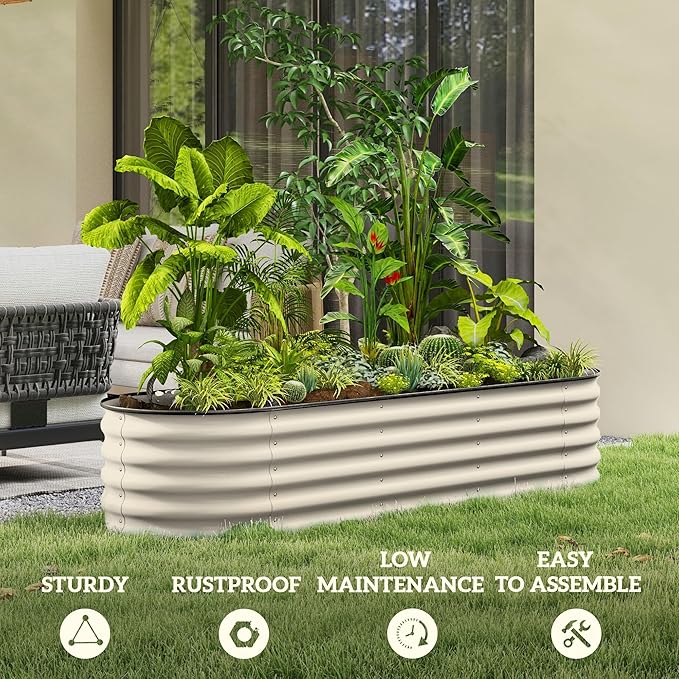 Outsunny 6.5' x 2' x 1.4' Galvanized Raised Garden Bed Kit, Outdoor Metal Elevated Planter Box with Safety Edging, Easy DIY Stock Tank for Growing Flowers, Herbs & Vegetables, Cream