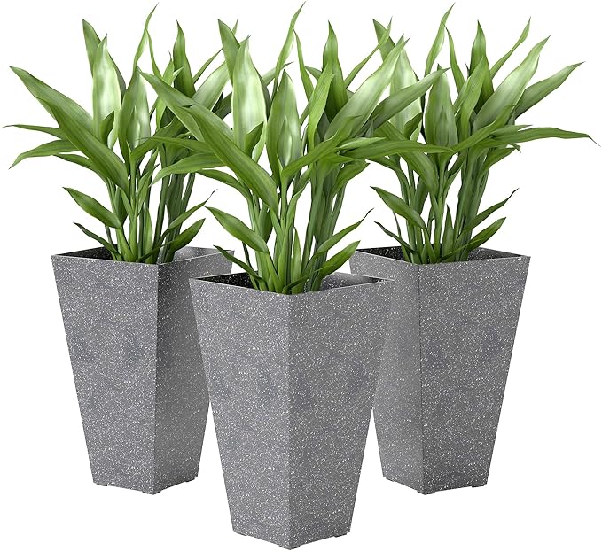 Outsunny 28 Inch Tall Planters for Outdoor Plants, Set of 3 Plastic Flower Pots with Marble Finish and Drainage Holes, Stackable Tapered Large Planters for Indoor Plants, Front Porch Decor, Gray