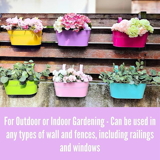 LaLaGreen Rail Planter Outdoor Plants (6 Pack, 11.8 Inch) Colorful Metal Iron Strawberry Hanging Flower Pots Deck Railing Fence Buckets Modern Wall Mount Window Box Plant Holder Hooks Porch Home Decor