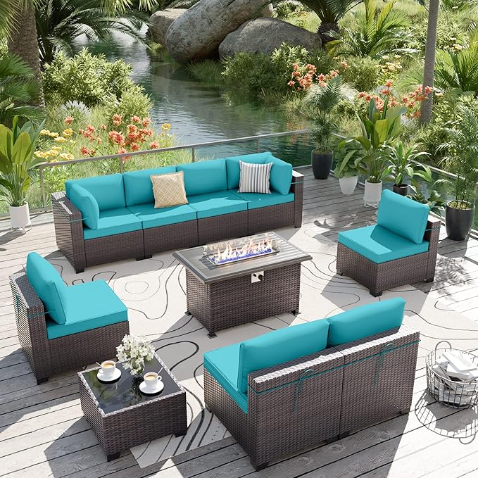 ALAULM 10 Pieces Outdoor Patio Furniture Set with Propane Fire Pit Table Outdoor Sectional Sofa Sets Patio Furniture 43" Gas Fire Pit PE Rattan Patio Conversation Set w/8 Seat Cushions (Turquoise)
