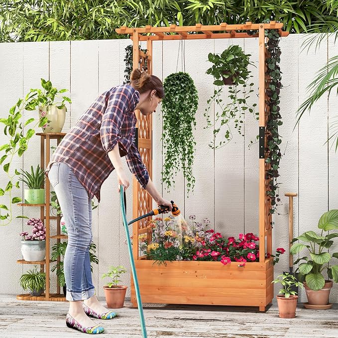 Giantex Raised Garden Bed with Trellis & Hanging Roof, Wood Planter Box with Bottom and Drainage Holes, Freestanding Garden Planter for Flower Vegetable Fruit Herb Climbing Vines, 43.5"x17.5"x72"