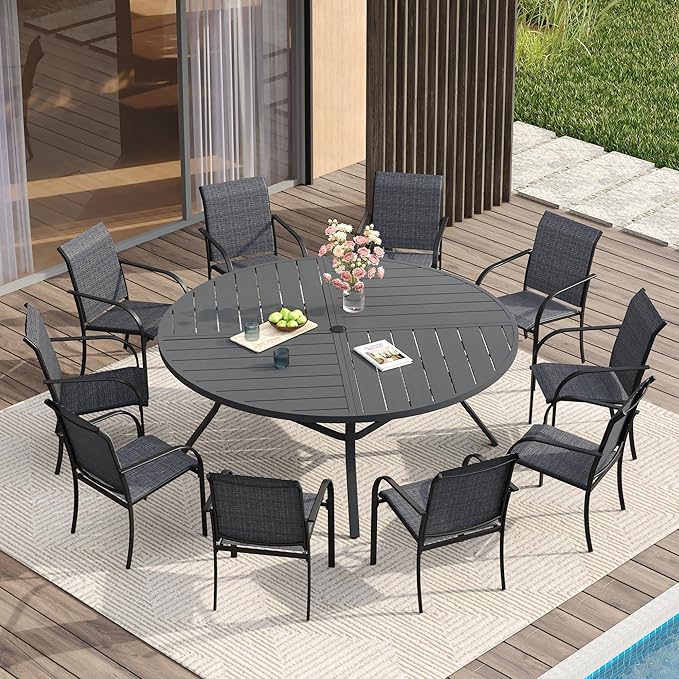 VICLLAX Patio Table and Chair Set of 10, All Weather Metal Round Outdoor Dining Furniture Set-59.9" Round Outdoor Table and Chairs, Grey Tabletop