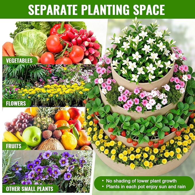 4 Pcs Plant Grow Bags 4 Tiered Strawberry Planter Tower Fabric Raised Garden Beds, 39 Inch Nonwoven Strawberry Pyramid Planter for Vegetables Flower Herbs Gardening Outdoor Growing (Khaki)