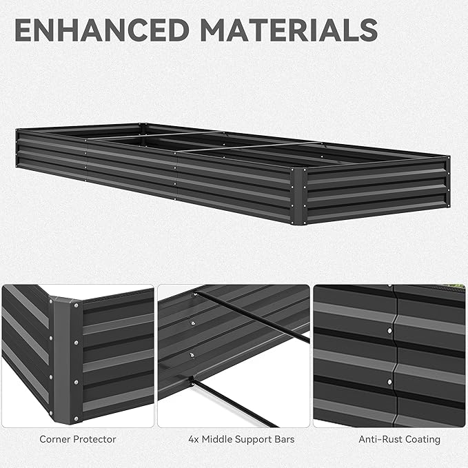 YITAHOME 144x48x12 in Galvanized Raised Garden Bed Kit, Large Metal Planter Box with Gloves, Safety Rubber & Support Rod, Outdoor Flower Bed for Plants Vegetables, Black