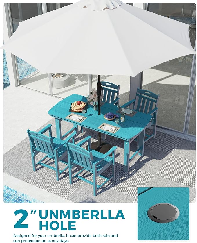 Ciokea HDPE Outdoor Dining Set, 5-Piece Patio Table and Chairs Set with Umbrella Hole, All-Weather Patio Dining Sets for 4, Durable Patio Furniture for Backyard, Garden, Lawn & Poolside, Lake Blue