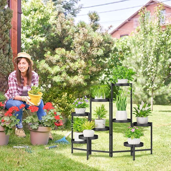 iDavosic.ly Plant Stand Indoor Outdoor, 9 Tier Corner Metal Flower Display Holder Shelf, Easy Assembly Folding Tall Orchid Rack for Patio Balcony Porch Garden Living Room House, Black