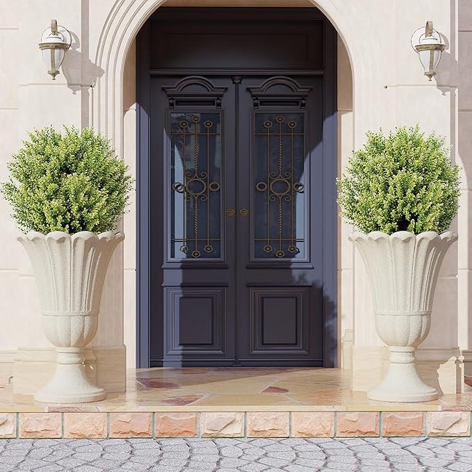 23" Tall Planters for Outdoor Plants Set of 2, Planter with Drainage Holes and Petal Design, Large Outdoor Planters for Porch, Garden, Indoor, Beige
