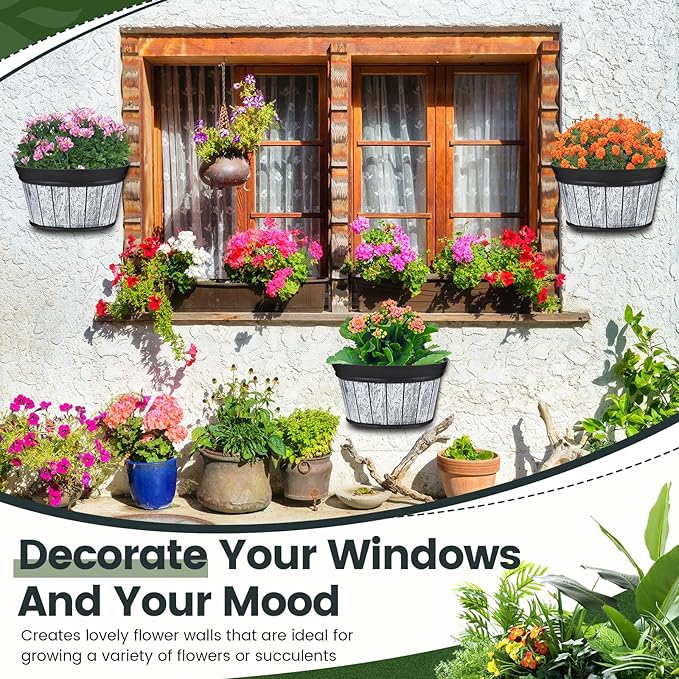 Layhit 6 Pcs Wall Hanging Planters Outdoor Pot Planter Wine Barrel Planter Distressed Oak Thickened Plastic Water Storage Flower Pots for Flower Indoor Outdoor(12 Inches,Wood White)