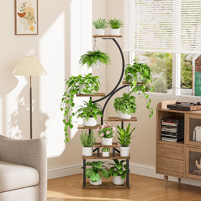 Plant Stand Indoor with Grow Lights - 62" Tall Plant Shelf, Lighted Corner Plant Stands for Indoor Growing, 8 Tiered Large Flower Holder, S-Shaped Decorative Rack for Living Room, Patent Design, Brown