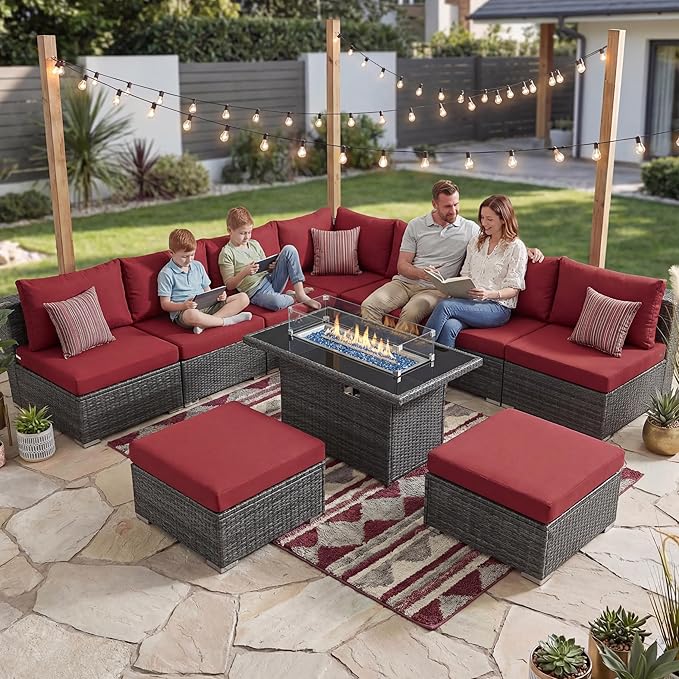 NICESOUL Backyard Furniture Set with Firepits Natural Gas/Propane, 9 Seater XL Oversized Wicker Sectional Couches, 29.3'' High Back Comfy Deep Wide Outdoor Patio Sofa Set, 2 Color Cushion Red & Gray