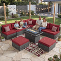 NICESOUL Backyard Furniture Set with Firepits Natural Gas/Propane, 9 Seater XL Oversized Wicker Sectional Couches, 29.3'' High Back Comfy Deep Wide Outdoor Patio Sofa Set, 2 Color Cushion Red & Gray