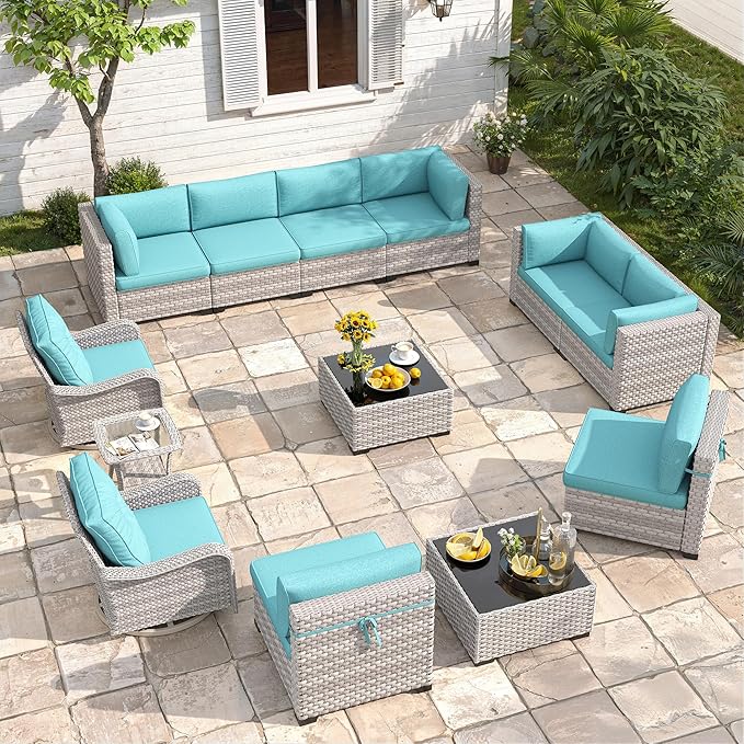 10-Seat Modern Patio Furniture Set with Swivel Rocking Chairs, Thick 4″ Cushions, Dual-Strand Wicker Rattan, Rust-Resistant Steel Frame – Outdoor Conversation & Modular Sectional,Blue