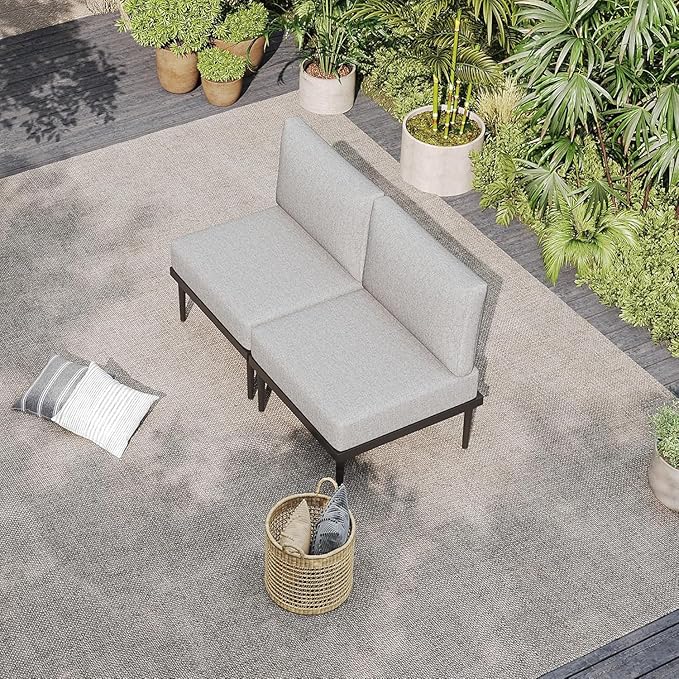 Sundale Outdoor 2 Pieces Patio Sofa Set, Metal Outdoor Sectional Loveseat with 6 Inch Olefin Cushion, All-Weather Modern Patio Chair Sets for Porch, Balcony
