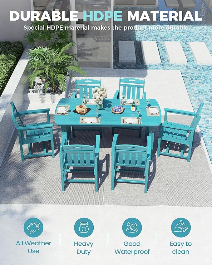 Ciokea HDPE Outdoor Dining Table with Umbrella Hole,66" Rectangle Patio Table for 6,All-Weather Outdoor Patio Furniture Set for Garden Backyard, Lake Blue