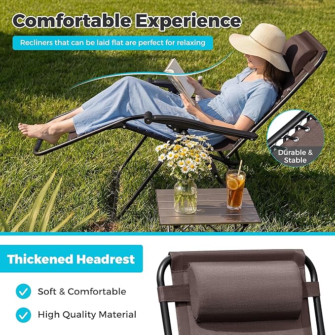 Homall Zero Gravity Chair Patio Folding Lawn Outdoor Lounge Gravity Camp Reclining Lounge Chair with Cup Holder Pillows for Poolside Backyard and Beach Set of 4 (Brown)