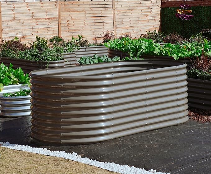 A ANLEOLIFE Set of 6, 30 Inch Extra Tall Galvanized Raised Garden Beds Kit, Large Oval & Round Metal Planters – Ideal for Backyard Vegetables Flowers Herbs, Quartz Grey