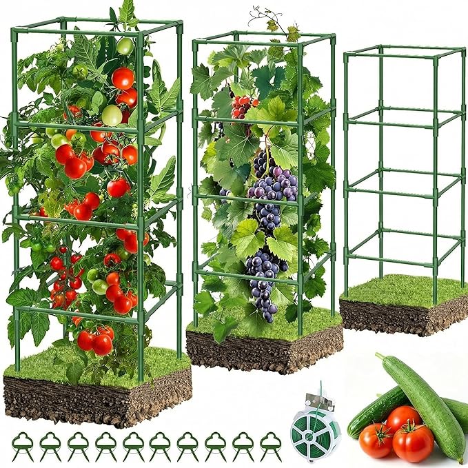3 Pack Square Tomato Cages for Garden, 42 Inches Heavy Duty Metal Tomatoes Cages Plant Support Stakes Trellis with Clips for Climbing Plants Vegetables Flowers Fruits