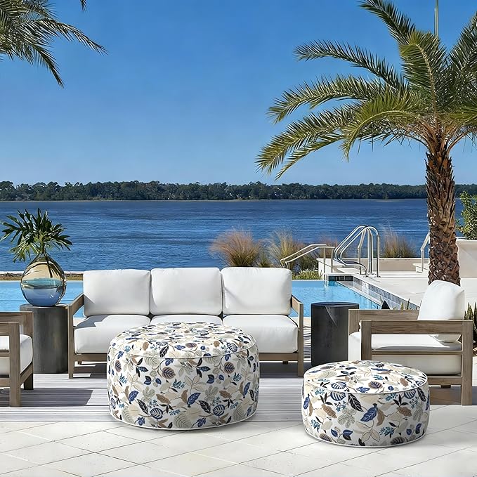 LVTXIII Indoor/Outdoor Extra Large Inflatable Ottoman Pouf D31 x H14 Inch, Round Footstool with Handle, Weather-Resistant Portable Furniture for Patio, Camping, Beach, Breeze Leaves Beige