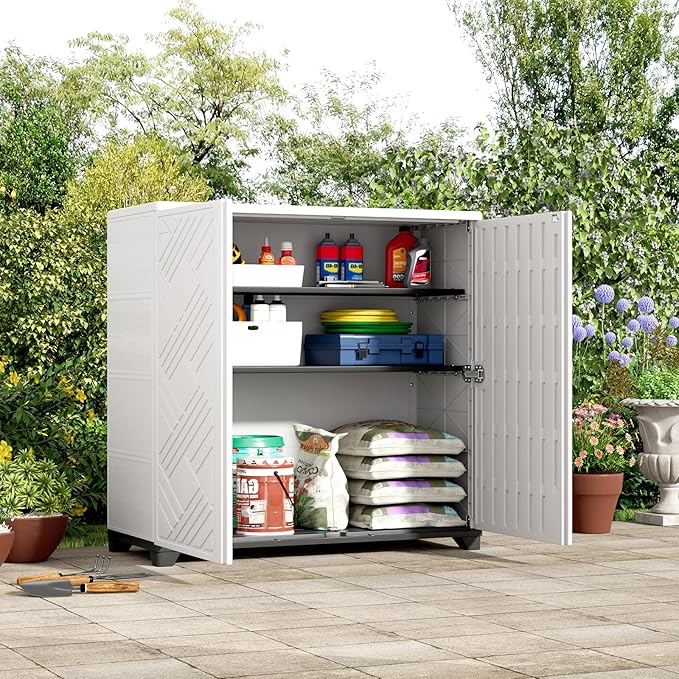 ZZM Indoor/Outdoor Storage Cabinet Waterproof, 34"x15"x34" Plastic Outdoor Storage Box for Garden Balcony Bathroom, All Weather Outdoor Storage Clearance, DIY Usage, with No Shelf (White)