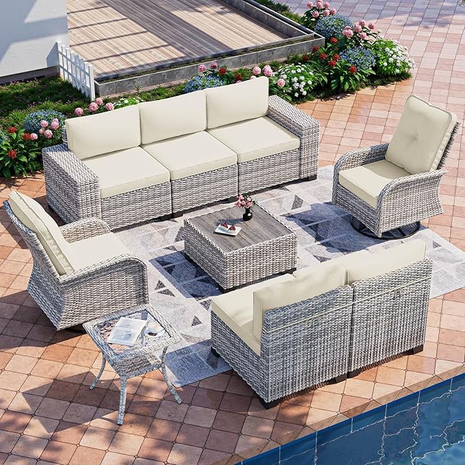 9-Piece Outdoor Patio Furniture Set with Rocking Swivel Chair Wicker Sectional Sofa Set, Patio Conversation Set with Thickened Cushions & Coffee Table for Garden, Backyard, White