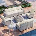 9-Piece Outdoor Patio Furniture Set with Rocking Swivel Chair Wicker Sectional Sofa Set, Patio Conversation Set with Thickened Cushions & Coffee Table for Garden, Backyard, White