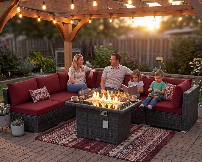NICESOUL 7 Piece Outdoor Patio Furniture with Firepit Table Natural Gas & Propane Convertible, 29.3'' High Back L Shaped Couch Sectional, Extra Large Rattan Patio Modular Set for Backyard, Burgundy