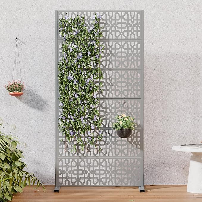 Casaphoria Metal Privacy Screen Outdoor, 72" H x 35" W Freestanding Decorative Privacy Screen for Patio Deck Balcony Garden with Stable Base, Grey-Perilla