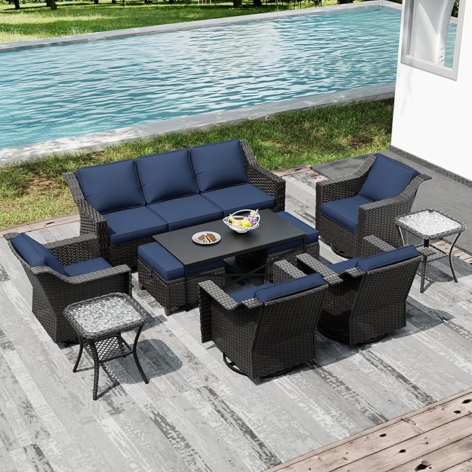 Joyside Wicker Patio Furniture Sets, 10 Pieces Upgraded Large Size Outdoor Furniture with 4 Swivel Rocking Patio Chairs, 3-Seat Sofa, Outdoor Ottoman, Thick Cushions, Wide Armrest, Blue