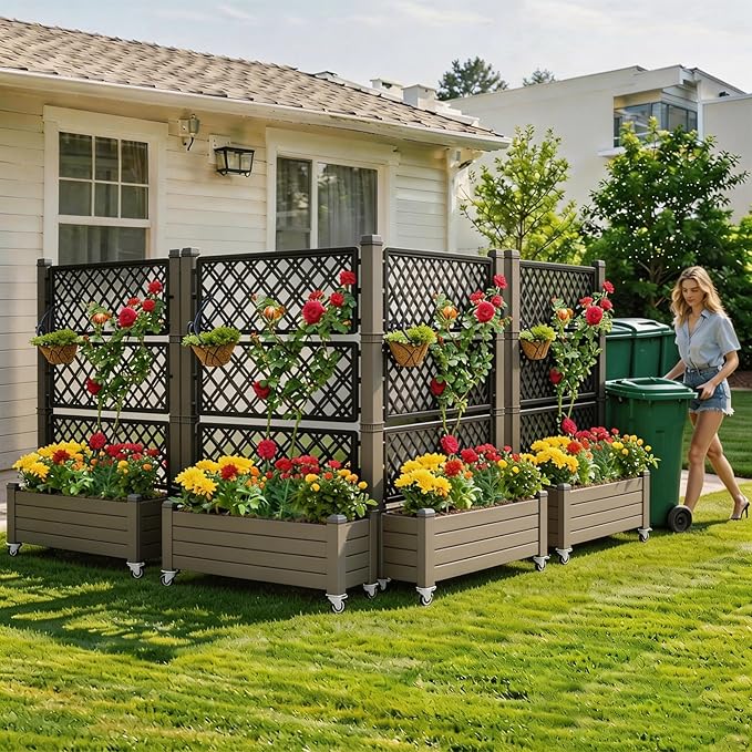YITAHOME 3.6x1.5x5 FT Planter Box Trellis with Wheels, Large Outdoor Plastic Raised Garden Bed with Drain Plug for Climbing Plants, Light Brown
