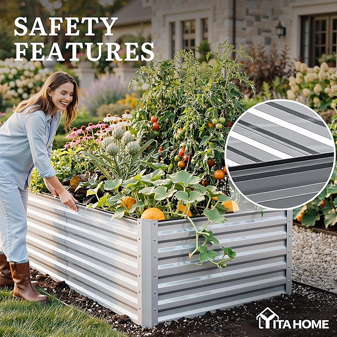 YITAHOME 8x4x2ft Large Raised Garden Bed Kit, Galvanized Metal Planter Box with Gloves, Ground Nails, Support Rod & Safety Rubber, Outdoor Above Ground Planters for Plants Vegetables Flowers, Silver
