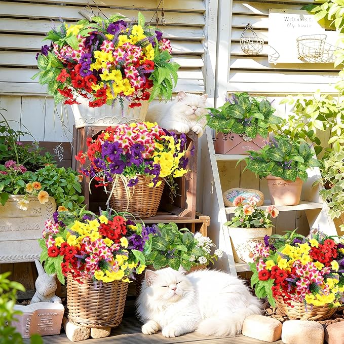 HOHOTIME 21 Bundles Artificial Flowers for Outdoors, No Fade Fake Plastic Flowers Faux Plants, Eucalyptus Morning Glory for Hanging Planters Garden Porch Window Box Home Wedding Farmhouse