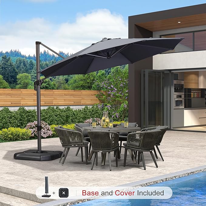 PURPLE LEAF 11 Feet Patio Umbrella with Base and Cover Round Outdoor Cantilever Umbrella Aluminum Offset Umbrella with 360-degree Rotation for Garden Deck Pool Patio Grey