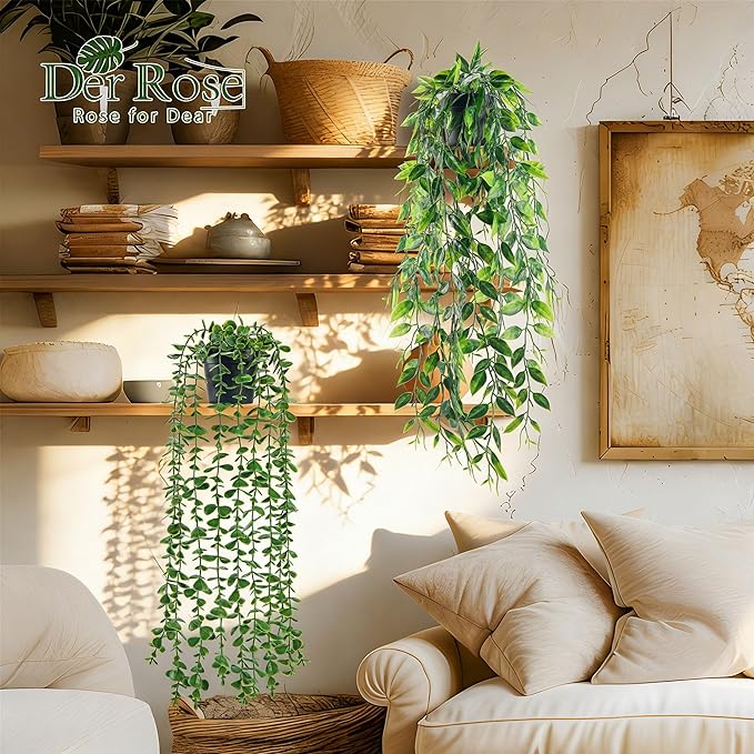 Der Rose 8Pcs Fake Plants Hanging Artificial Ivy Vine Faux Eucalyptus Hanging Plants for Home Boho Wall Shelf Indoor Outdoor Decor (Black Pots)