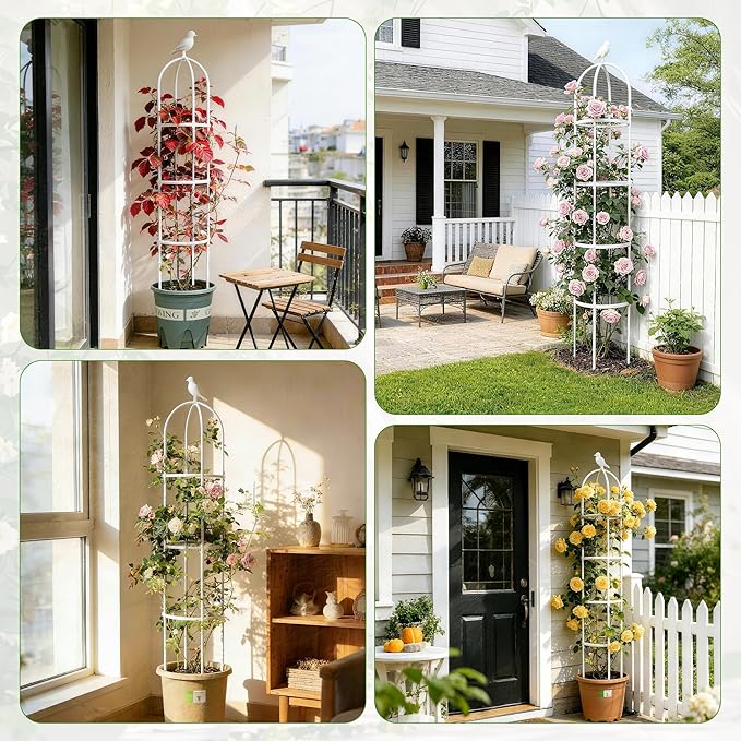 6ft Garden Obelisk Trellis for Climbing Plants-Rustproof Metal Pipe with Heavy Duty Plastic Coated, Garden Outdoor Indoor Potted Plant Support for Clematis Vine Jasmine Support （White）