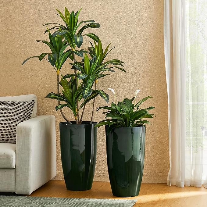 Glitzhome 23.5" H Large Tall Planter for Outdoor Plants,Set of 2 Plastic Tall Planters with Drainage Holes,Round Tapered Faux Ceramic Gradient Green Flower Tree Pots for Porch Patio Indoor Outdoor